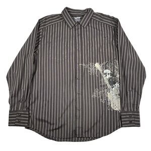 Machine Graphic Long Sleeve Button Down Men's XL Brown Shirt Guitar Skull Print